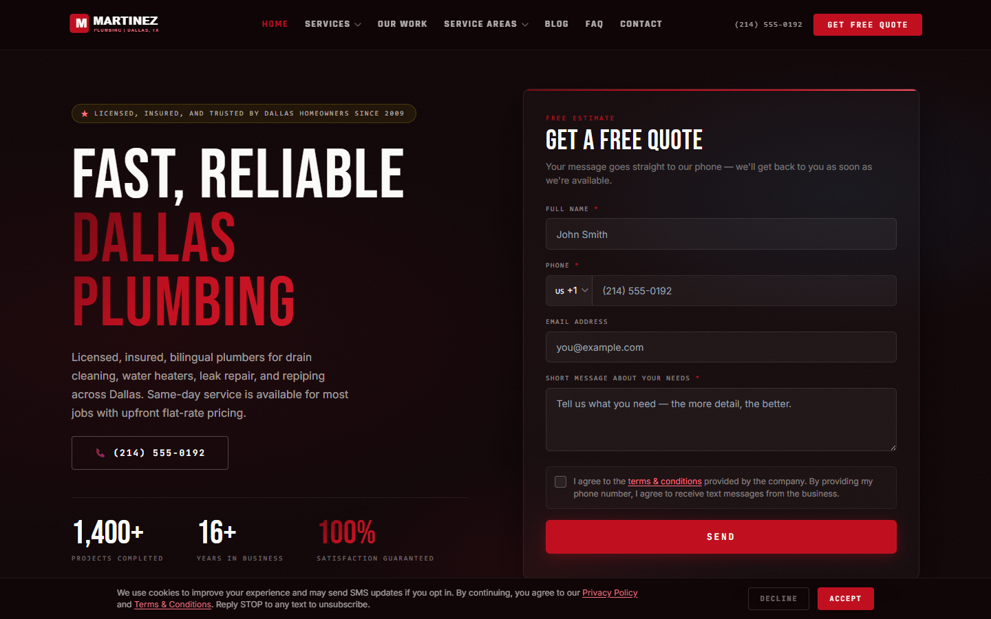 Martinez Plumbing website on desktop